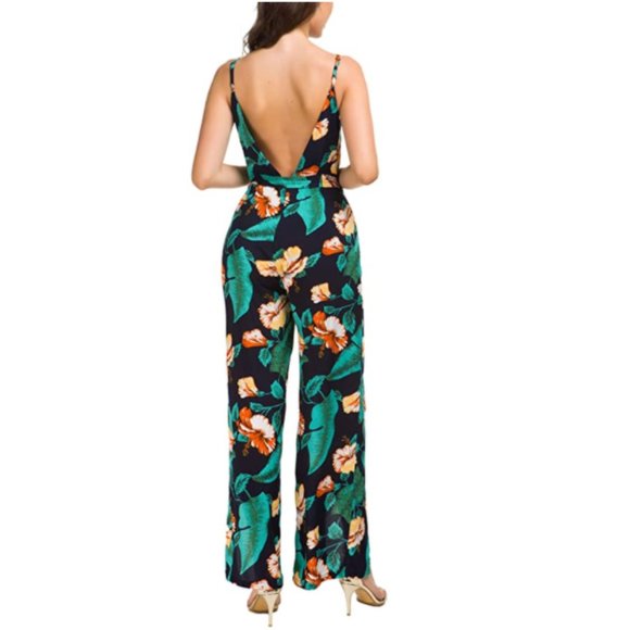 NWT Backless Slit Leg Tie Waist Tropical Jumpsuit - Picture 2 of 8